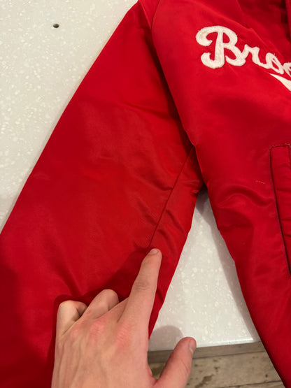 90s Brooklyn Script Red Vintage Satin Jacket (S)