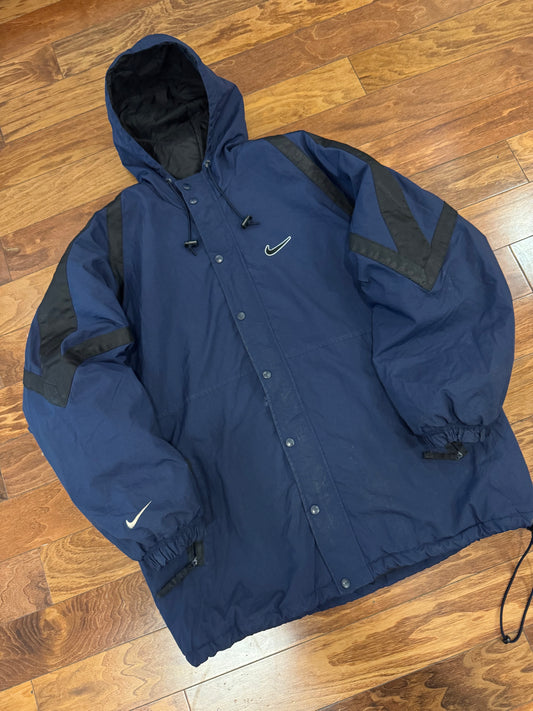 90s Nike Navy Big Swoosh Parka Puffer Jacket (L)