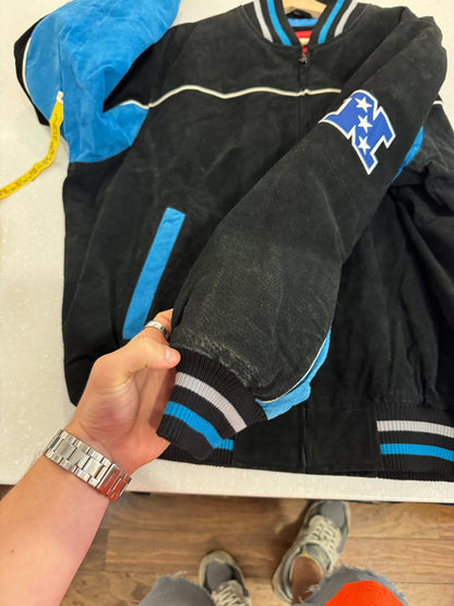 00s Carolina Panthers Cat Scratch Spell Out Seude Full Zip Jacket (L)