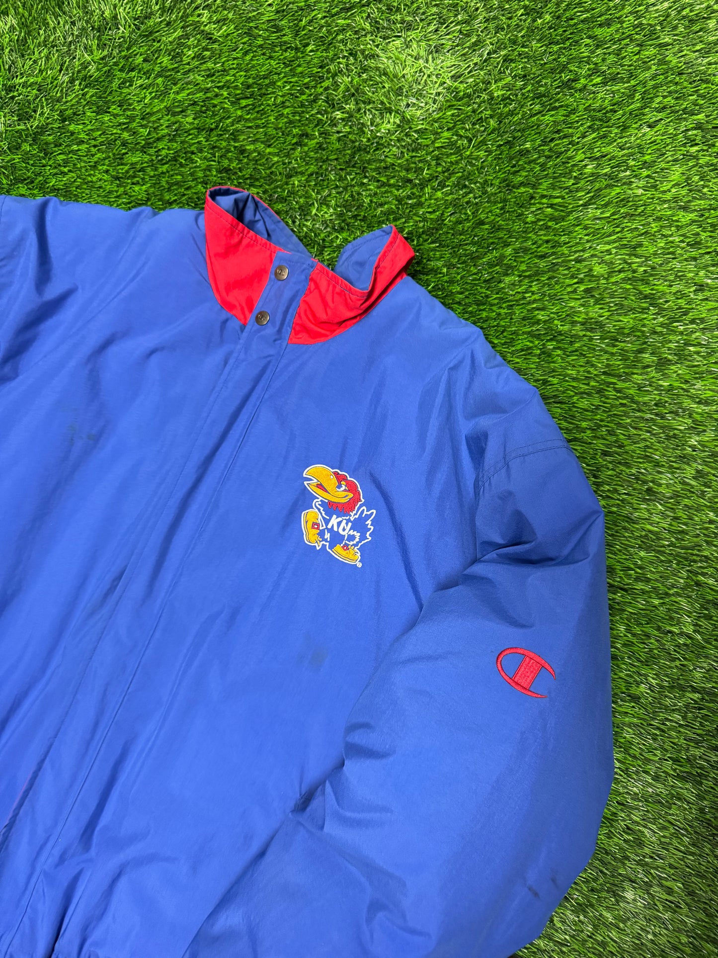 90s Kansas University (KU) Vintage Jayhawks Champion Puffer Jacket (XL)