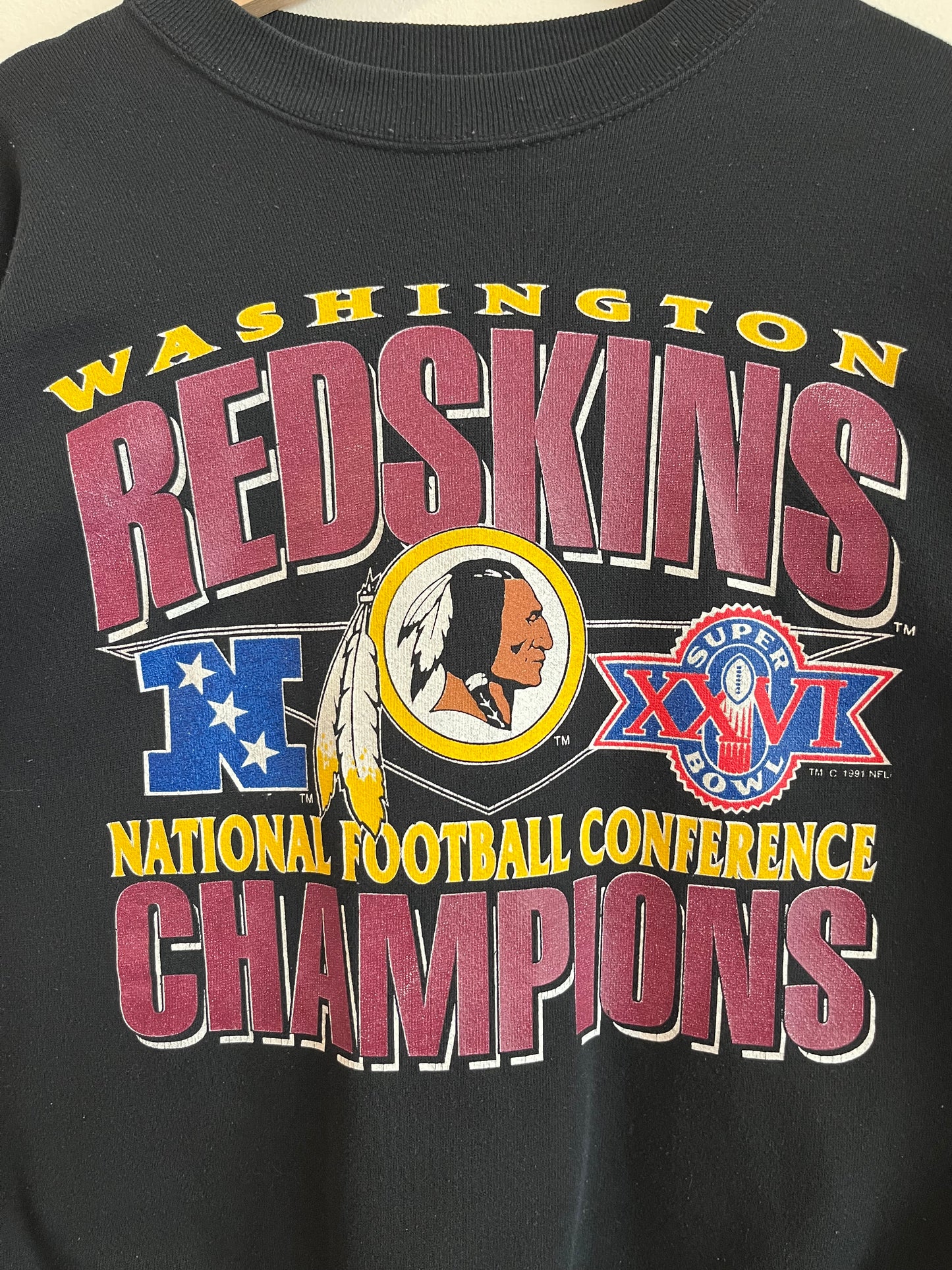 1991 Washington Redskins Conference Champions Black Spell Out Crewneck (L)