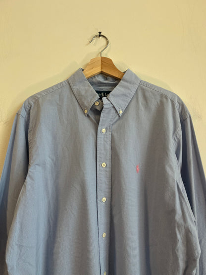 00s Ralph Lauren Blue Pink Pony Long-Sleeve Button Down Polo Shirt (XL)