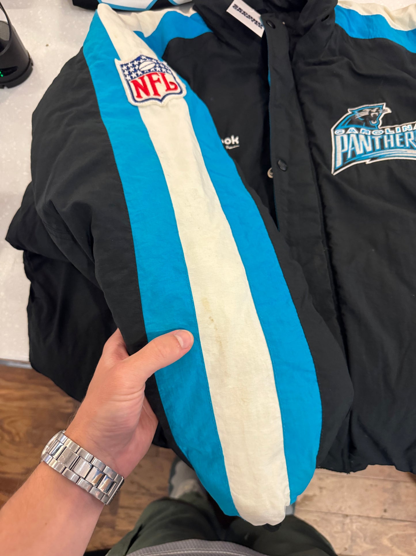 90s Carolina Panthers Reebok Striped Puffer Jacket (L)