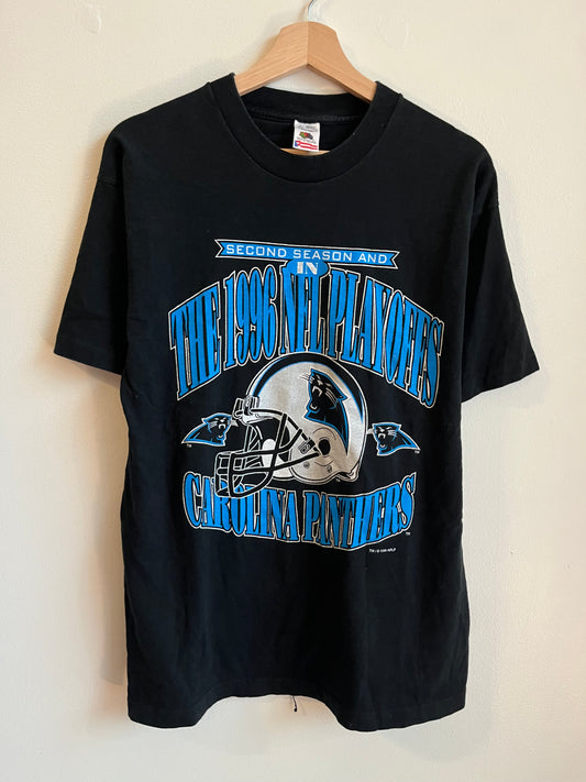 1996 Carolina Panthers Second Season NFL Helmet Black Tee (L)