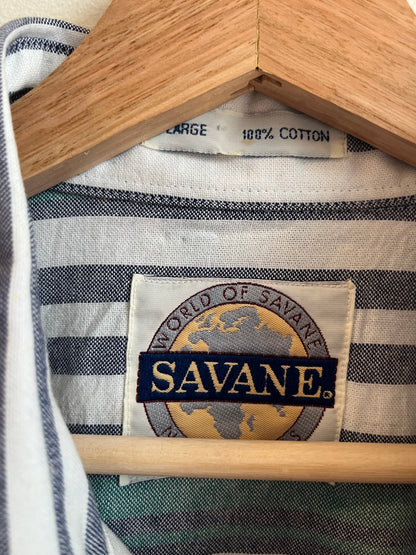 90s Savane Striped Button Up Essential Polo Shirt (L)
