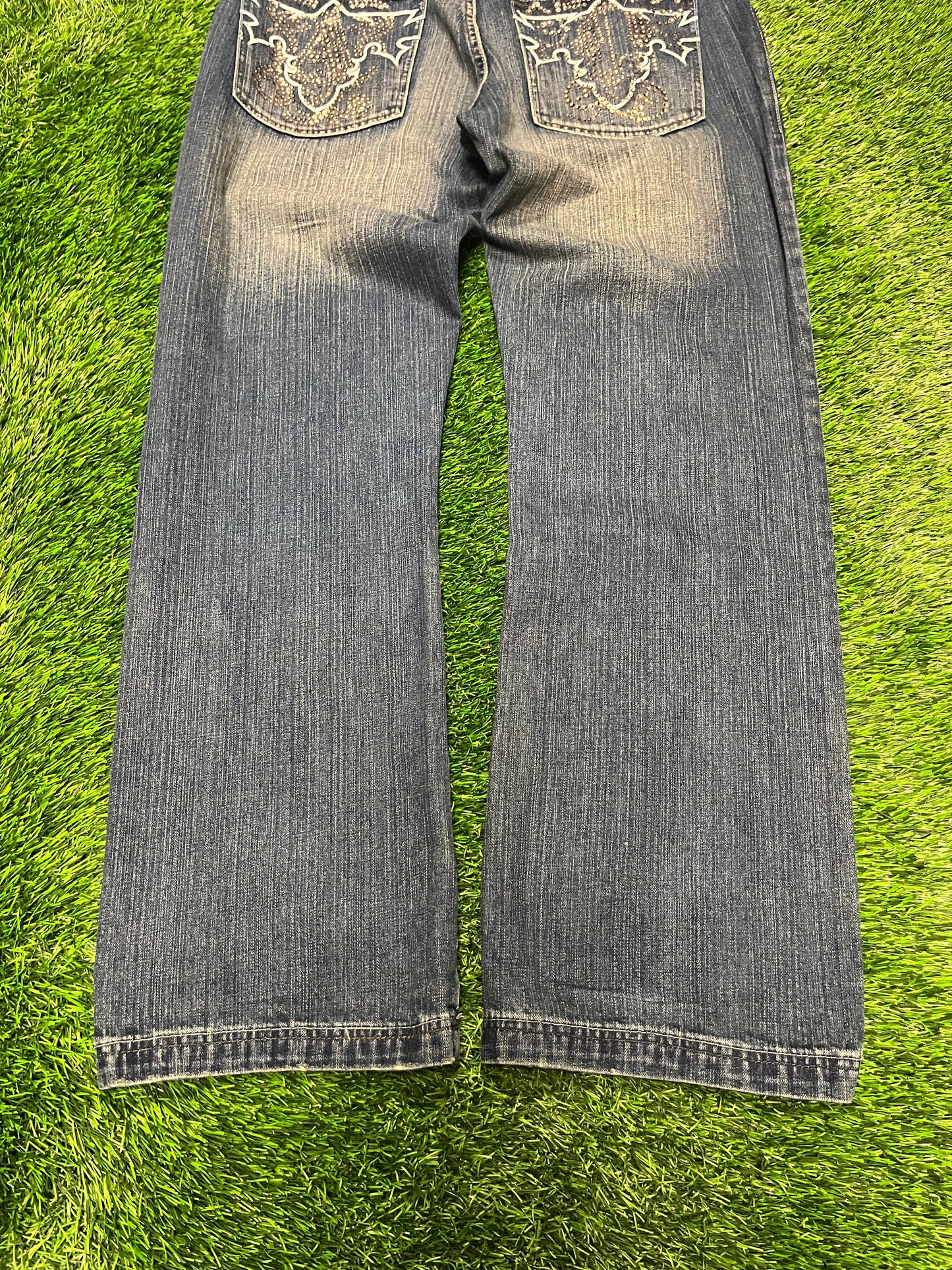 00s Antik Denim Rhinestone Baggy Dark Blue Jeans (38 x 34)
