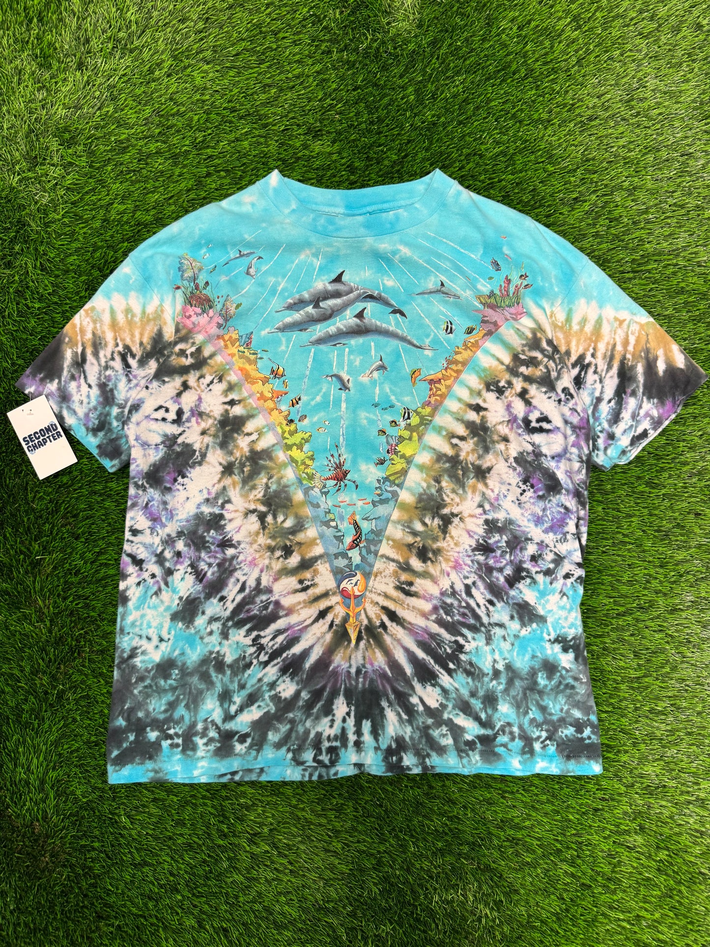 1990 Liquid Blue Tie Dye Aquatic All Over Print Vintage John Connell Art Tee (XL)