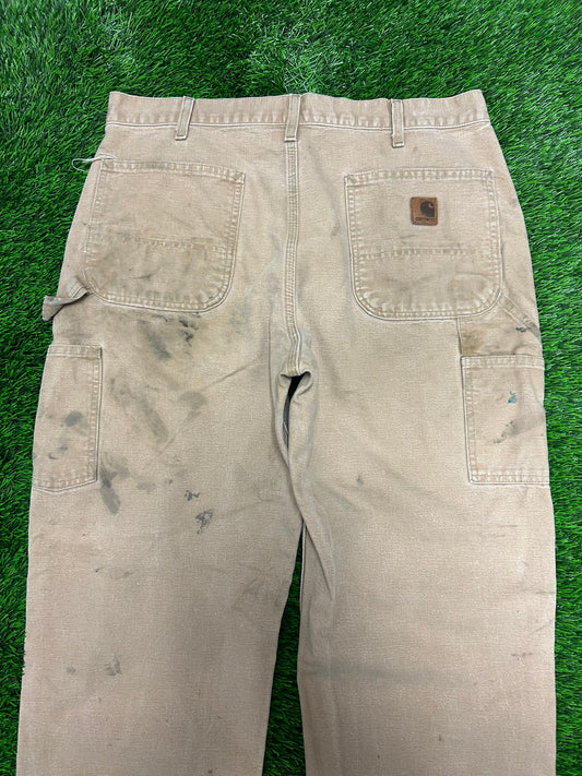 2007 Vintage Carhartt Thrashed Tan Workwear Carpenter Pants (35 x 30)