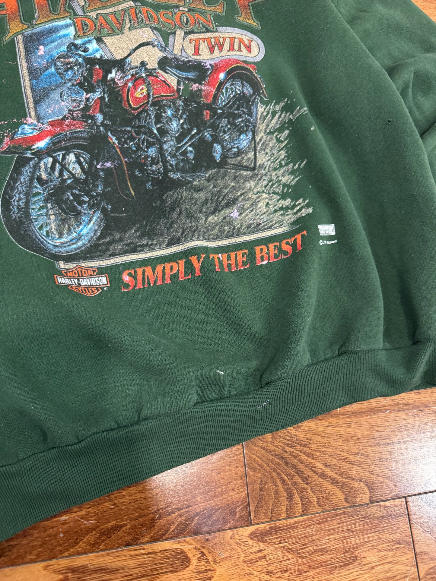 90s Harley Davidson Twin Faded Green Paint Splatter Crewneck (L)