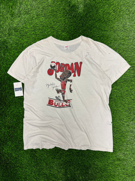 90s Michael Jordan Chicago Bulls Dunk Caricature Thrashed Vintage Tee (XL)
