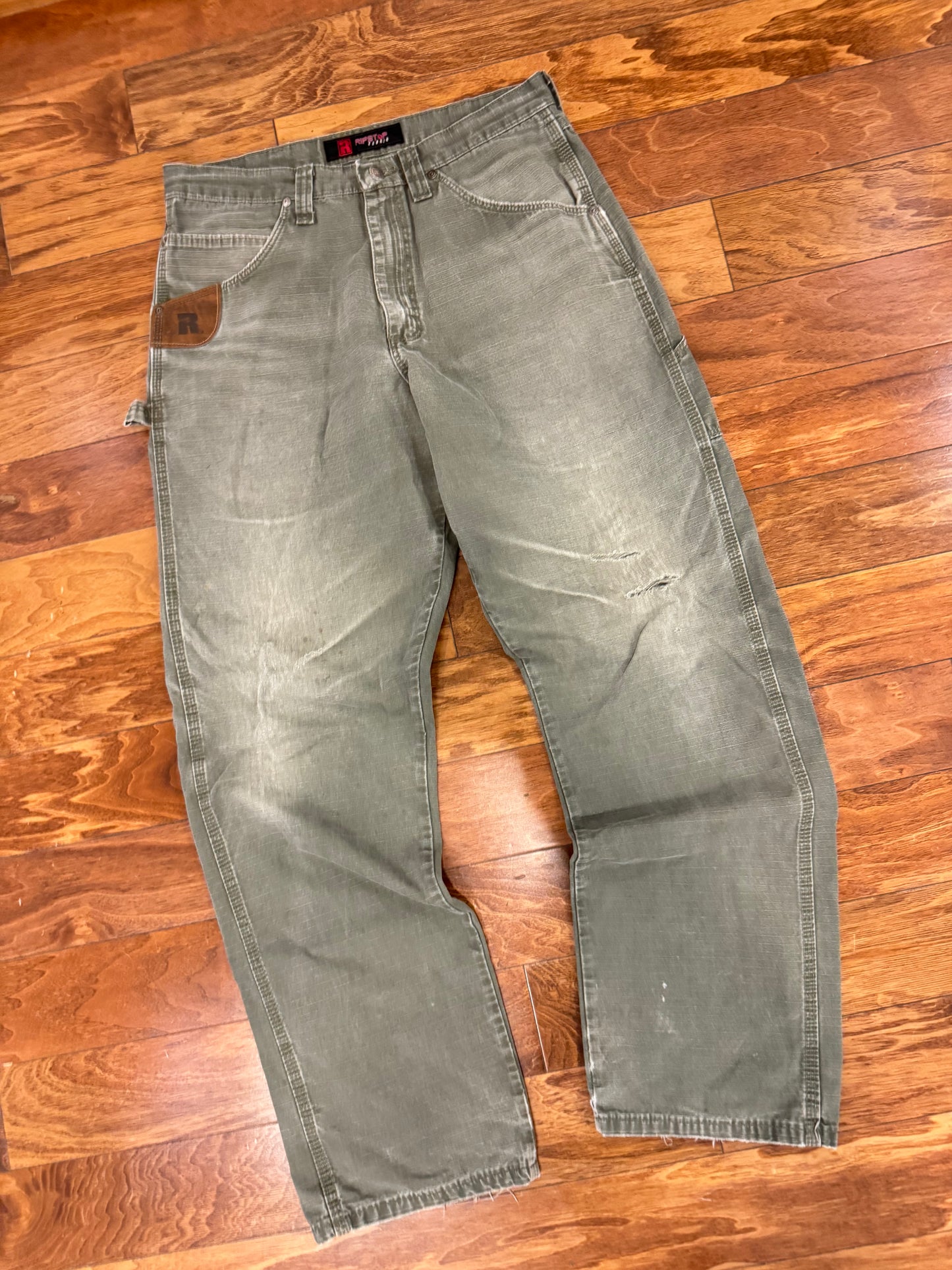 00s Wrangler Riggs Distressed Olive Carpenter Pants (34 x 34)
