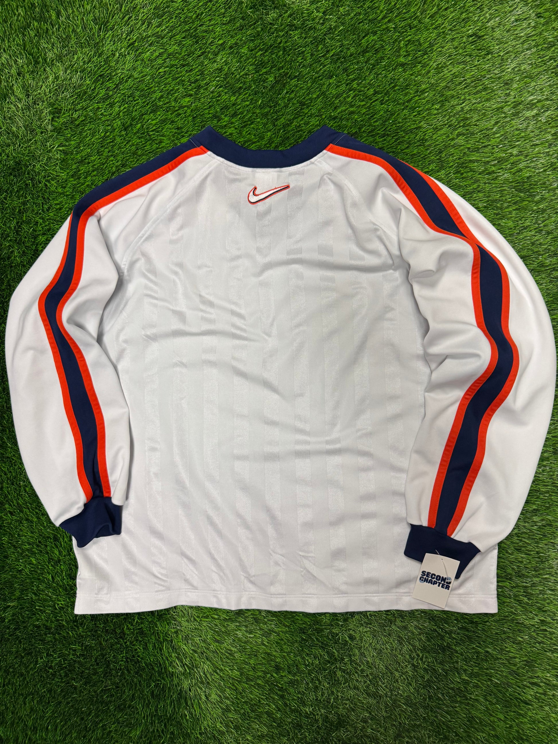 90s Nike Vintage Center Swoosh White Striped Long Sleeve Pullover Jersey (XXL)