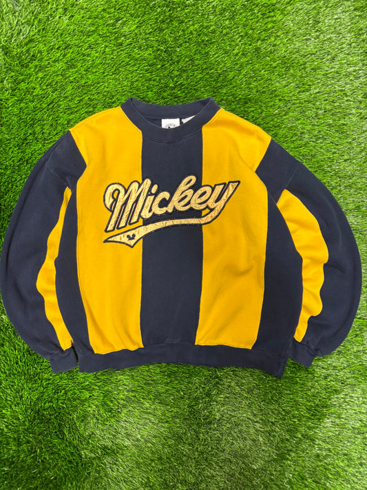 90s Mickey Embroidered Spell Out Striped Vintage Crewneck (M)