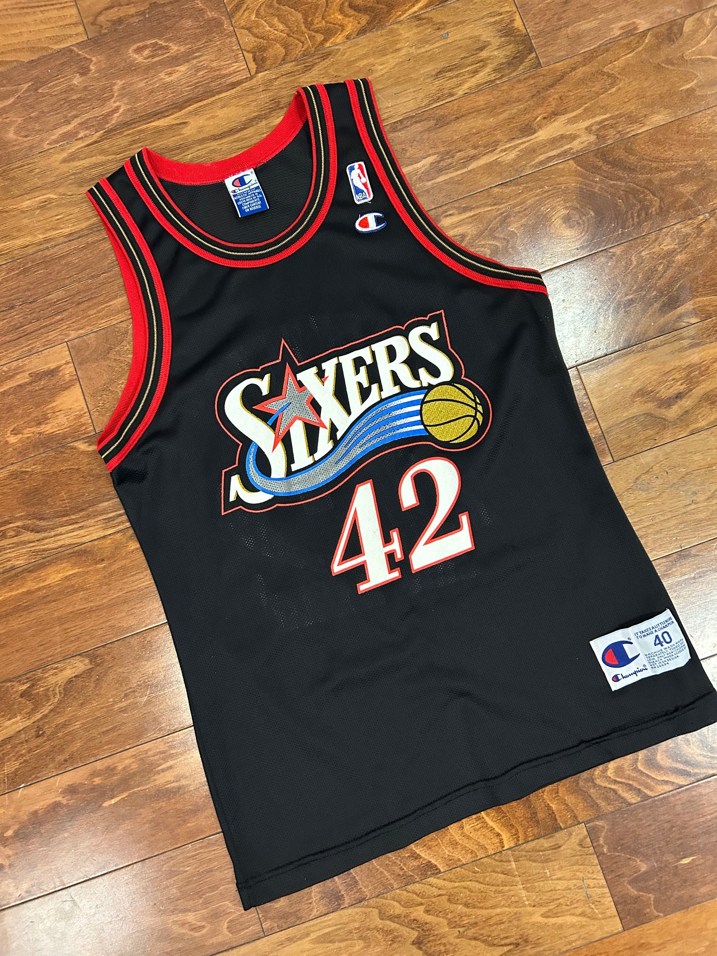 90s Philadelphia 76ers Jerry Stackhouse #42 Champion Vintage NBA Black Jersey (S)