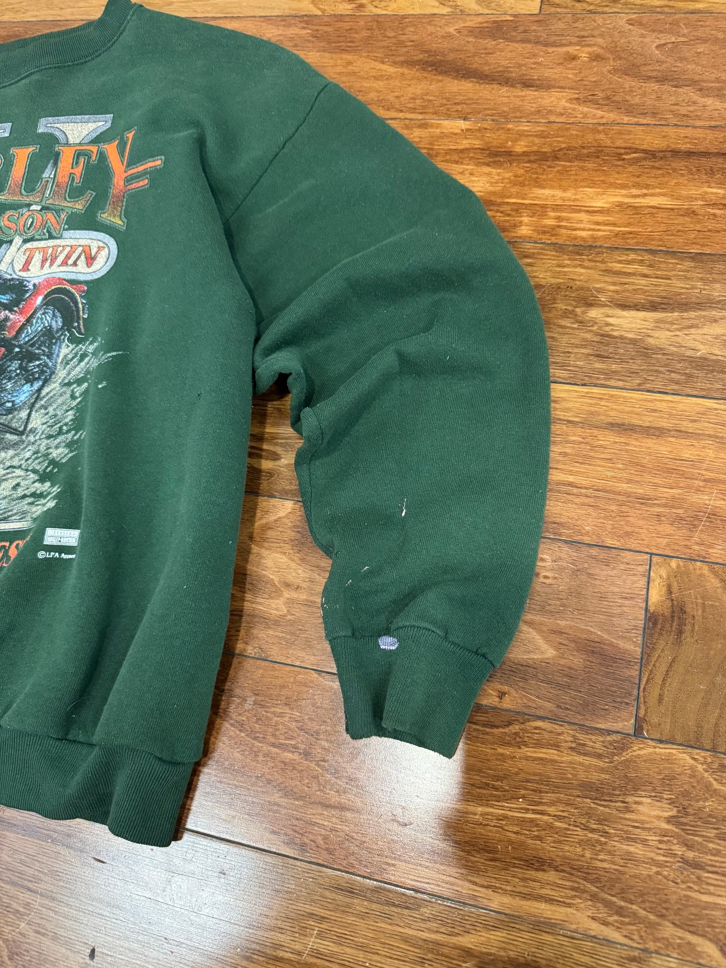 90s Harley Davidson Twin Faded Green Paint Splatter Crewneck (L)