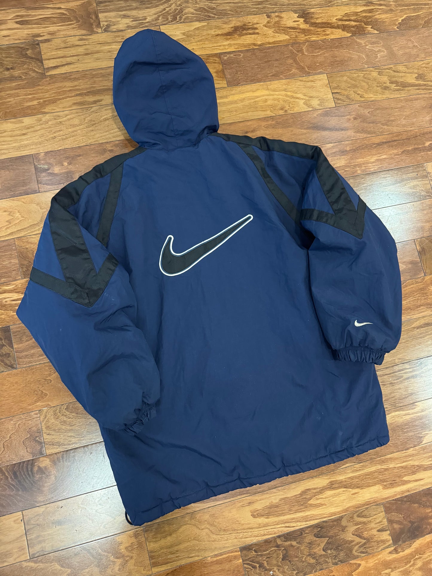 90s Nike Navy Big Swoosh Parka Puffer Jacket (L)