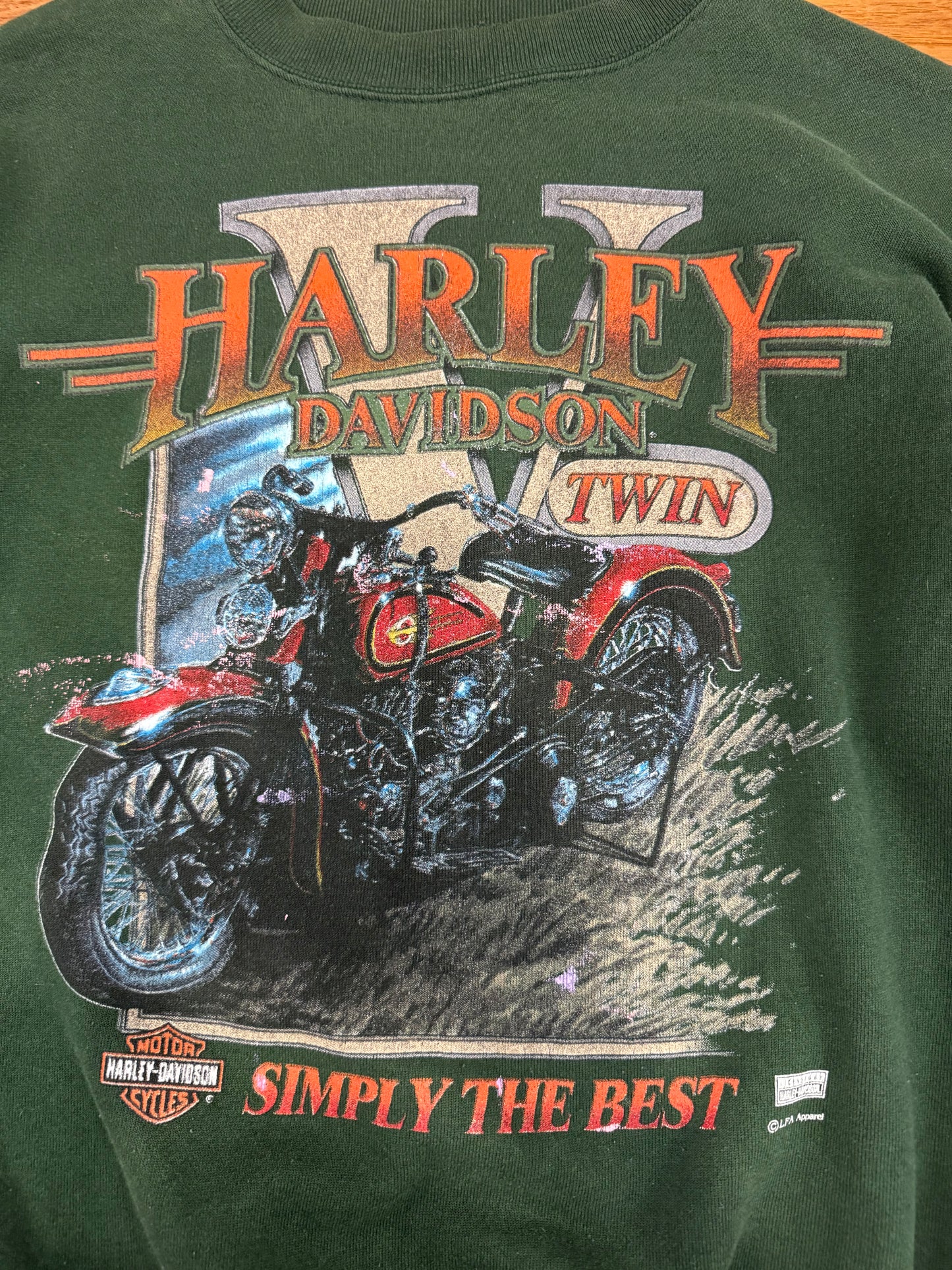 90s Harley Davidson Twin Faded Green Paint Splatter Crewneck (L)
