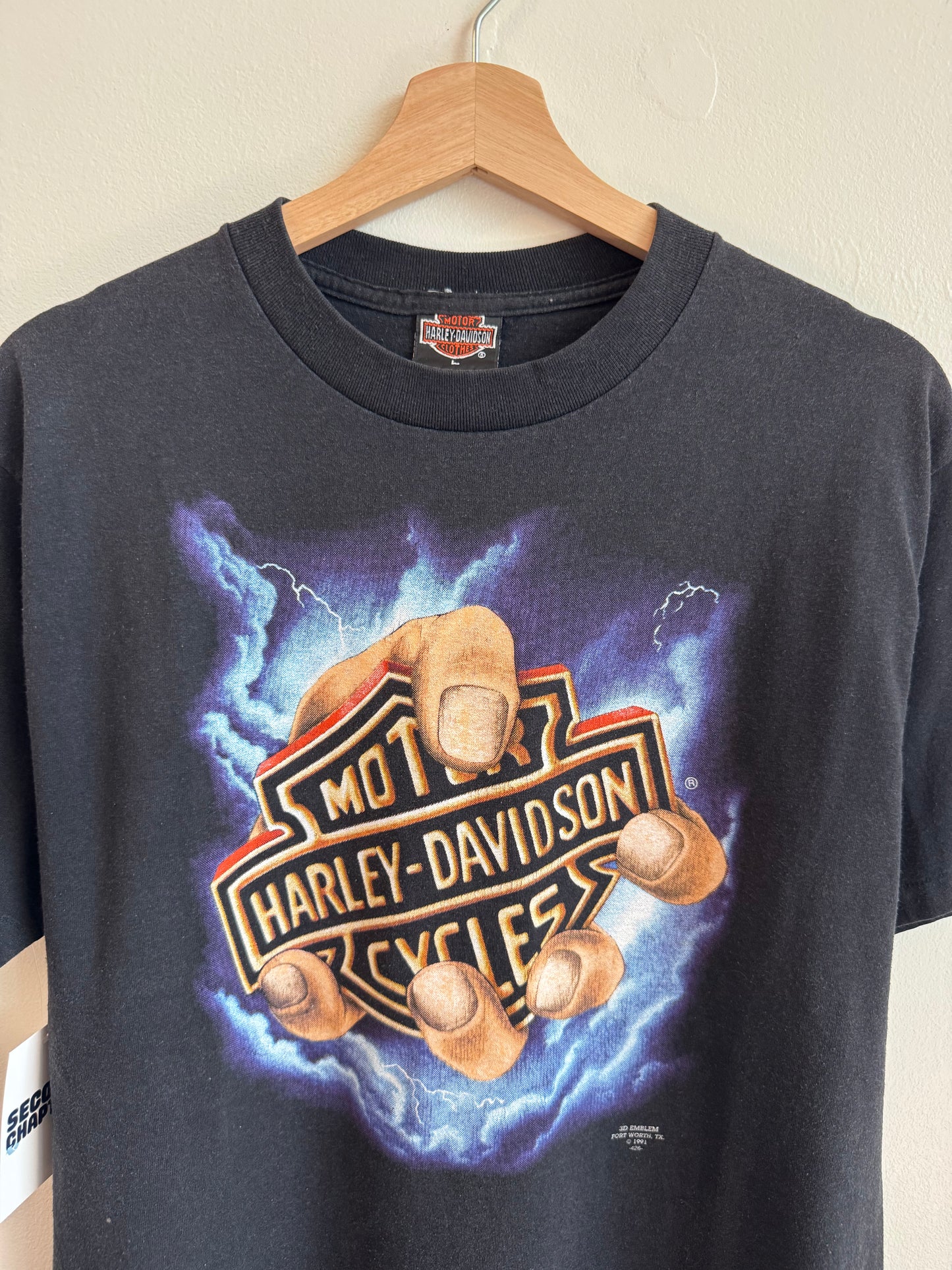 1991 Harley Davidson 3D Emblem Hand Of God Graphic 50/50 Tee (L)