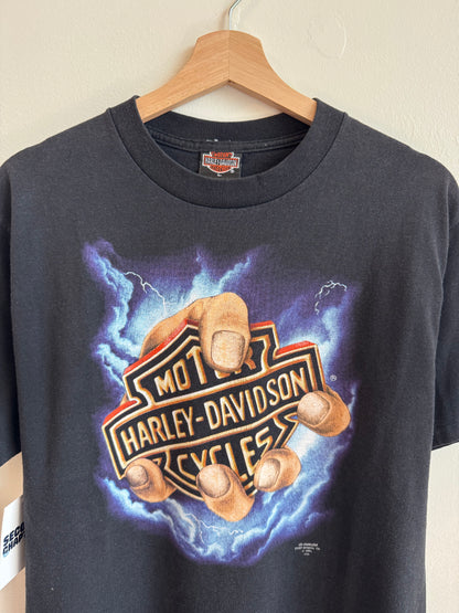 1991 Harley Davidson 3D Emblem Hand Of God Graphic 50/50 Tee (L)