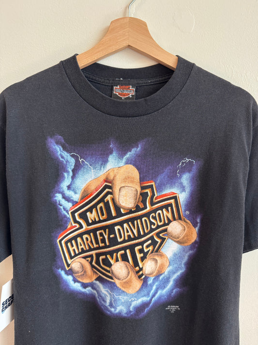 1991 Harley Davidson 3D Emblem Hand Of God Graphic 50/50 Tee (L)