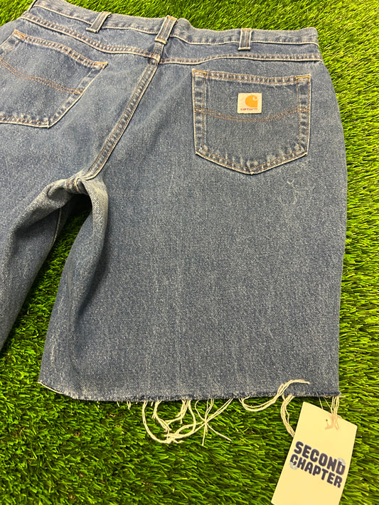 Carhartt Dark Wash Frayed Cut Off Jean Shorts (36)