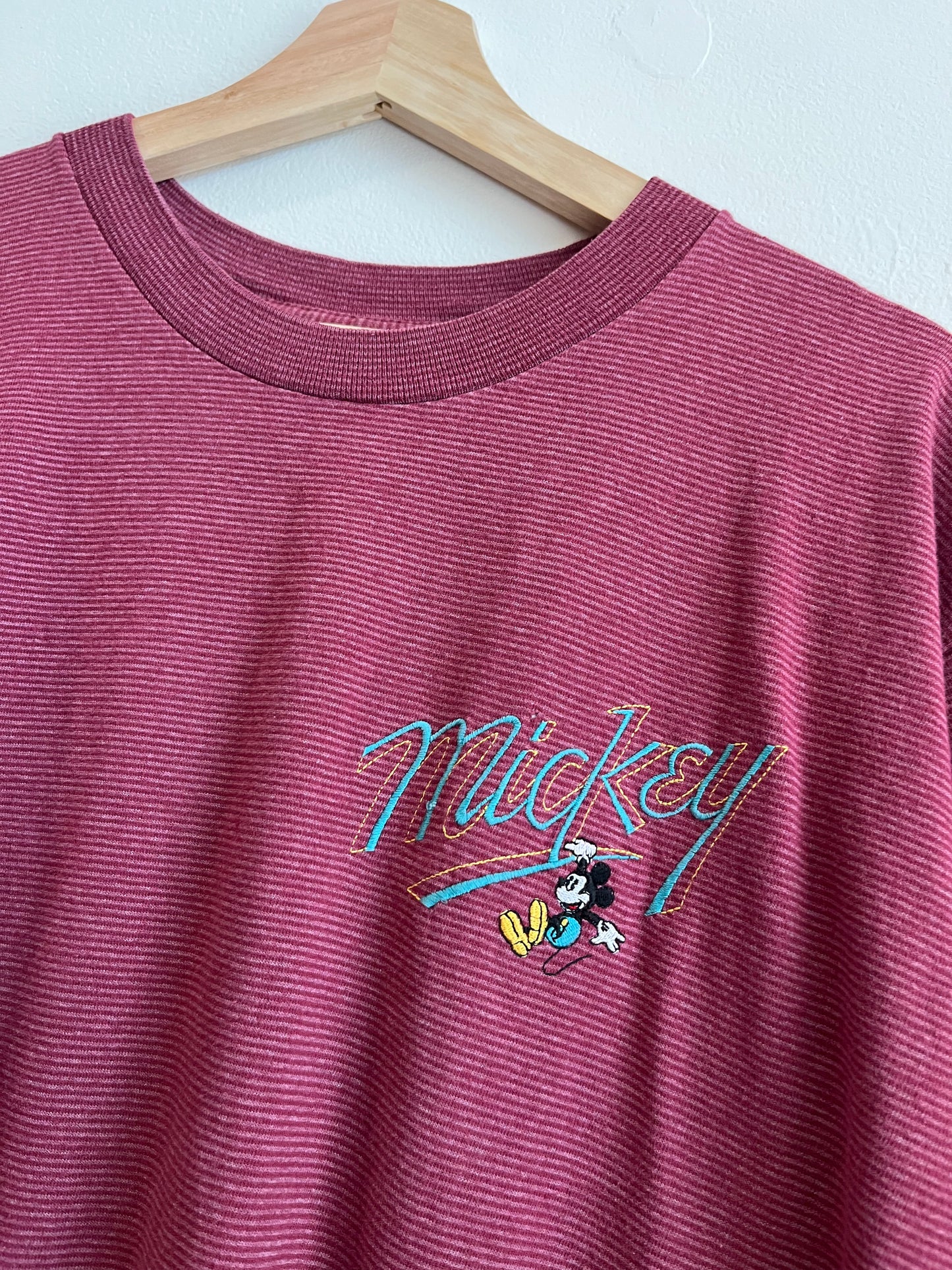 90s Mickey Mouse Disney Maroon Striped Tee (L)