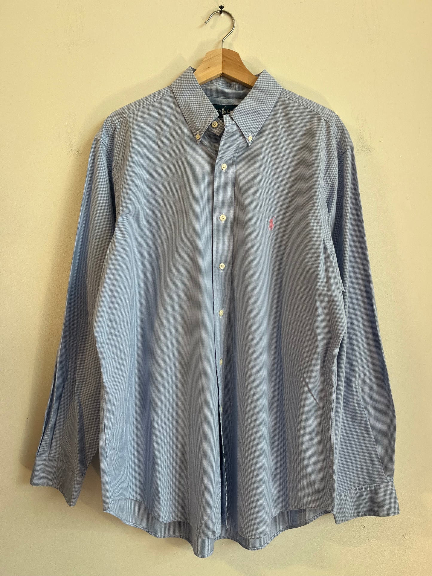 00s Ralph Lauren Blue Pink Pony Long-Sleeve Button Down Polo Shirt (XL)