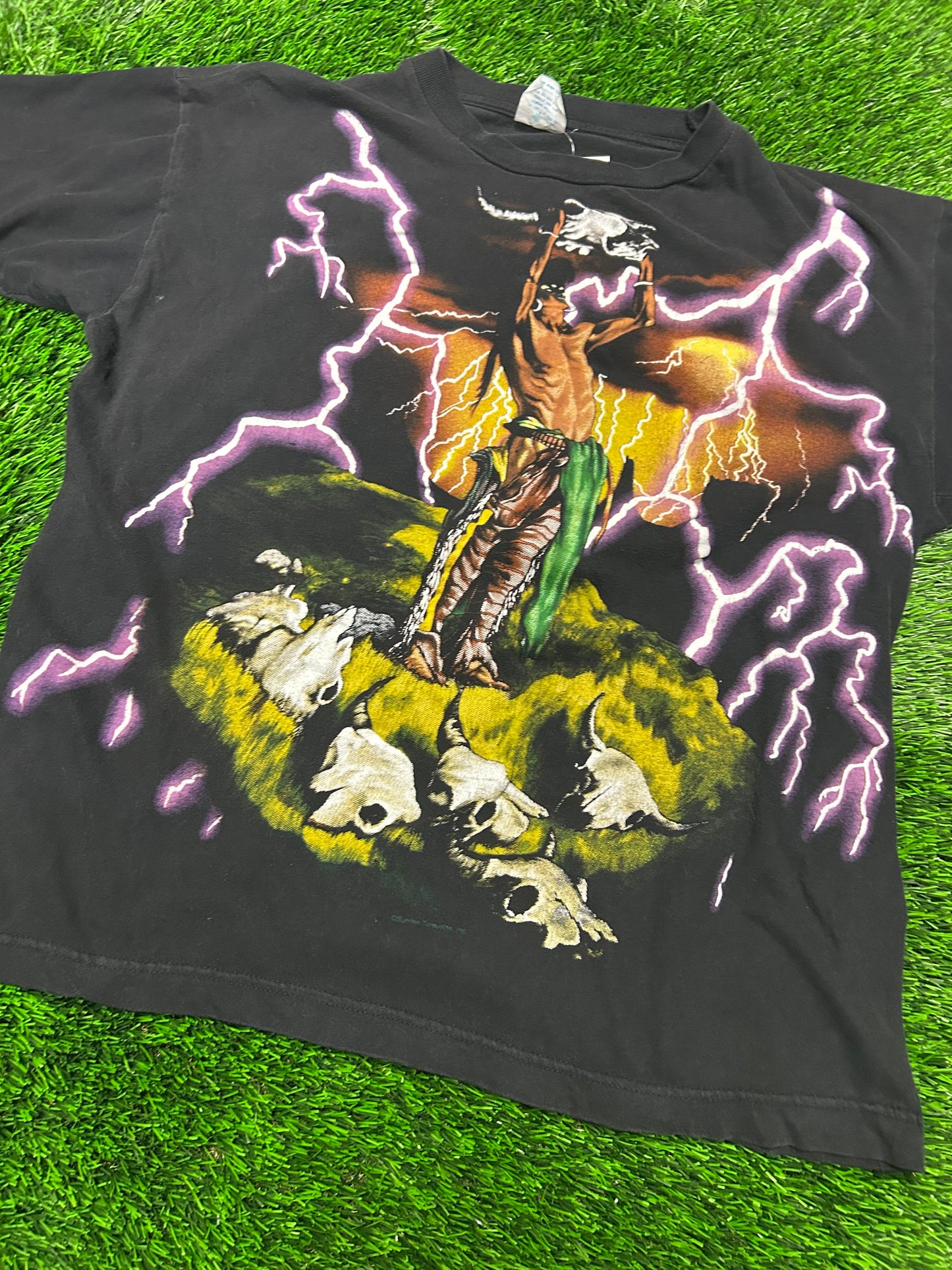 90s American Thunder Purple Lightning AOP Native Chief Forever Free Tee (L)