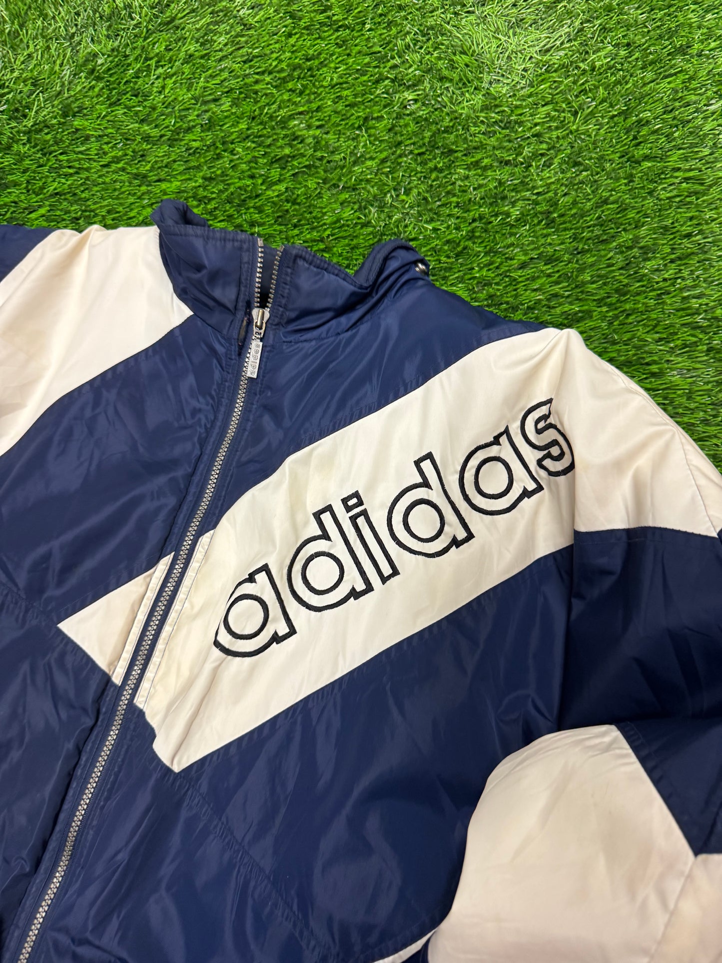 90s Adidas Vintage Striped Navy Puffer Jacket (XL)