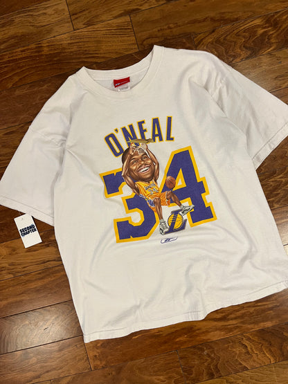 00s Los Angeles Lakers Reebok Shaquille O'Neal Caricature Dunk Vintage NBA Tee (L)