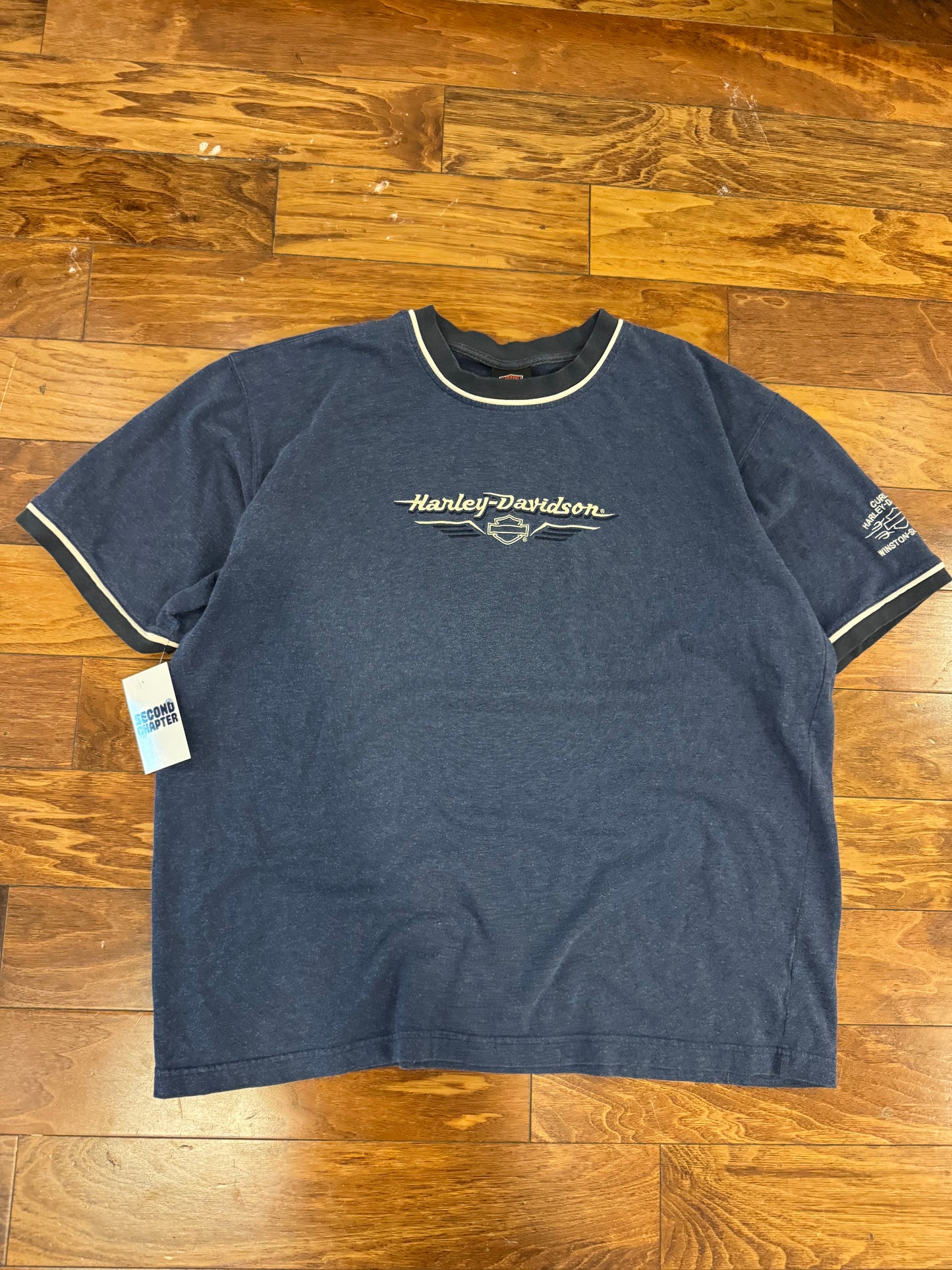00s Harley Blue Embroidered Ringer Tee (XXL)