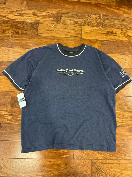 00s Harley Blue Embroidered Ringer Tee (XXL)