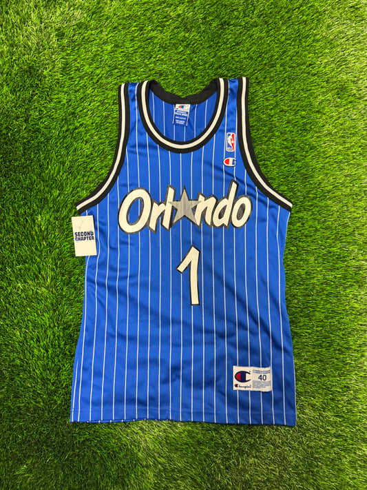 90s Orlando Magic Penny Hardaway #1 Champion Vintage Blue Pinstripe NBA Jersey (S)