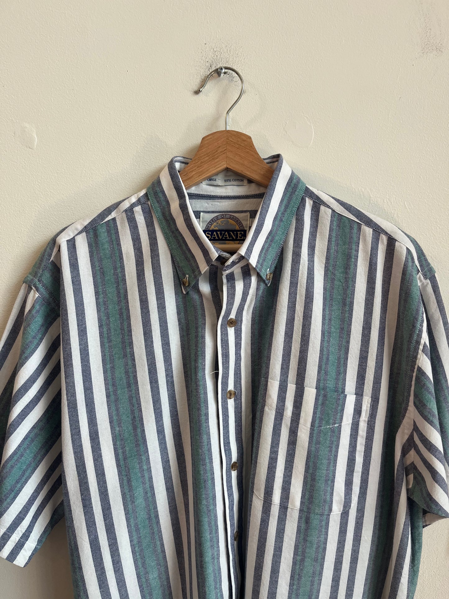 90s Savane Striped Button Up Essential Polo Shirt (L)