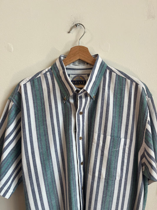 90s Savane Striped Button Up Essential Polo Shirt (L)