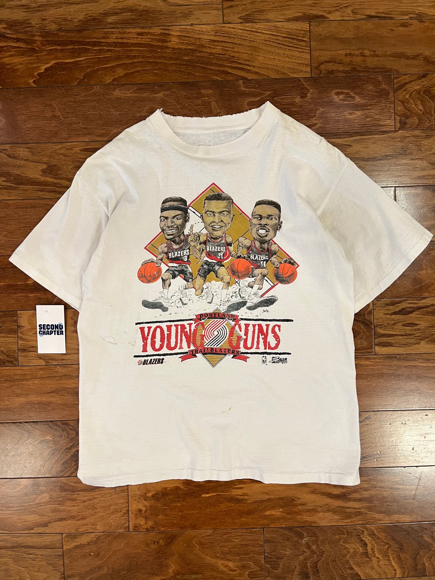90s Vintage Portland Trail Blazers Caricature Young Guns Thrashed Tee (L)