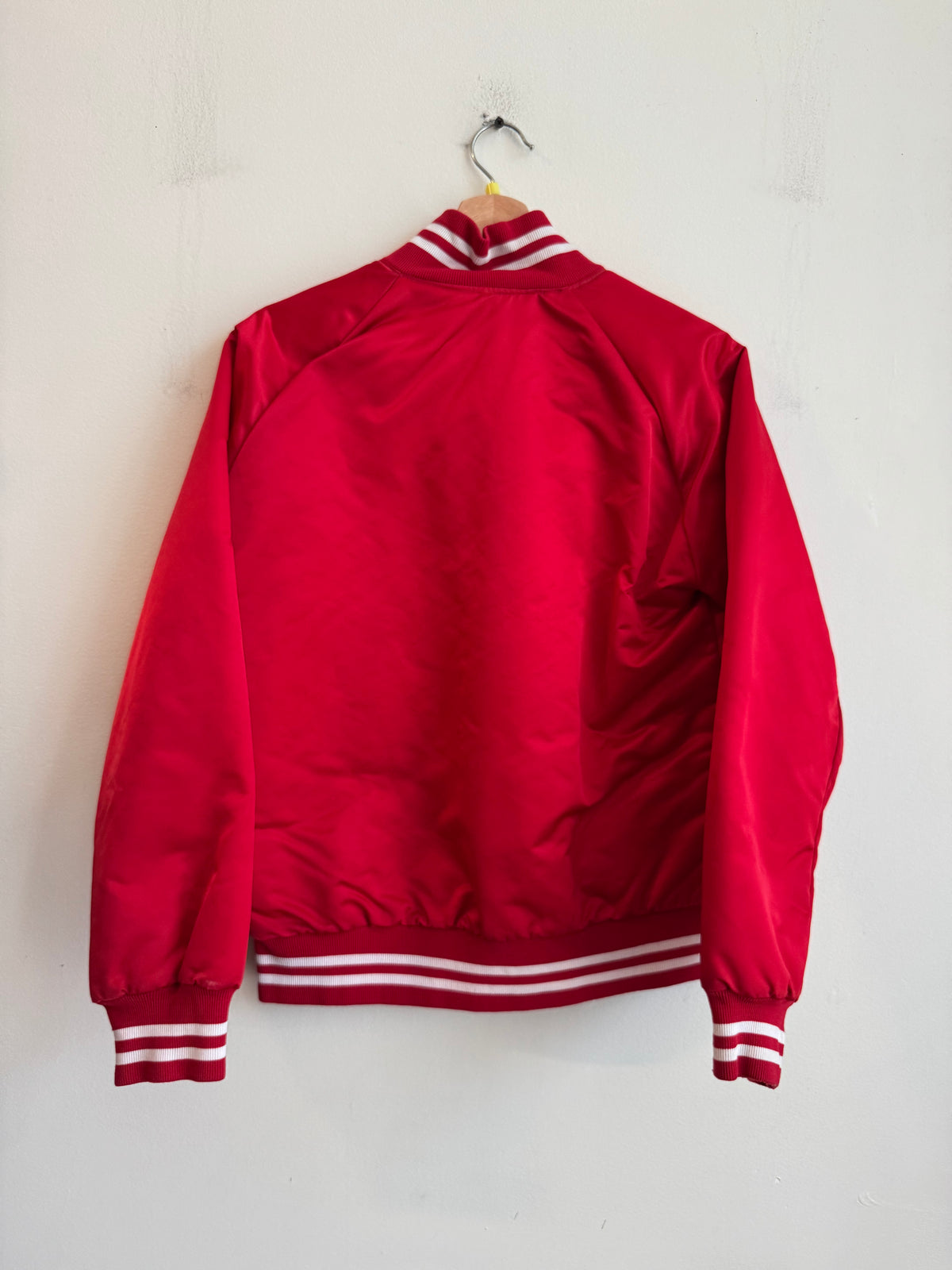 90s Brooklyn Script Red Vintage Satin Jacket (S)