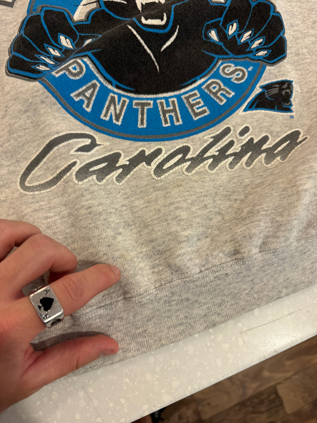 90s Carolina Panthers Sleeve to Sleeve Grey Spell Out Crewneck (M)