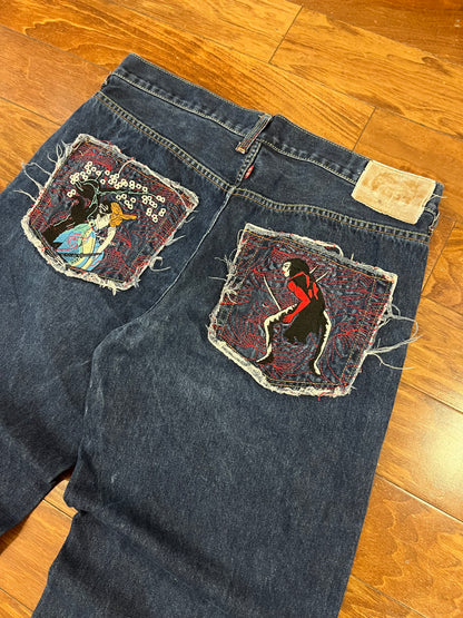 00s Embroidered Baggy Jester Jeans (36 x 28)