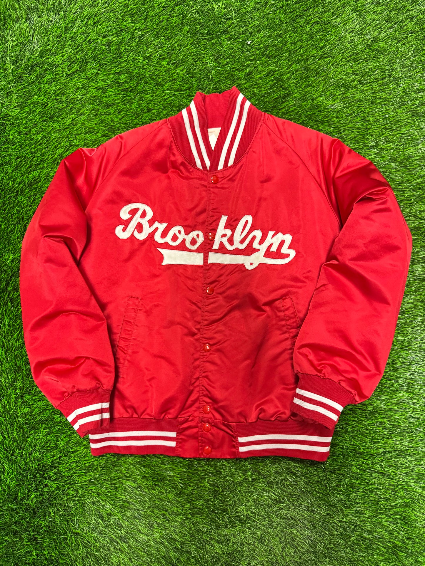 90s Brooklyn Script Red Vintage Satin Jacket (S)