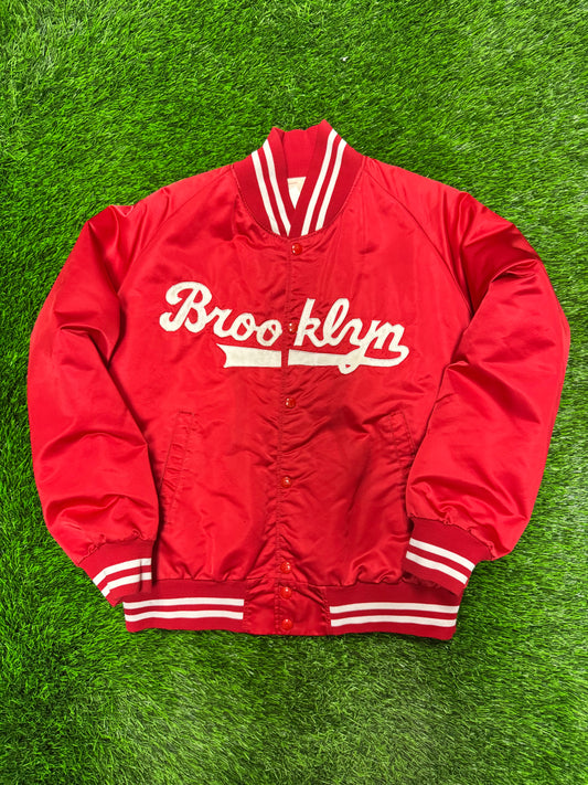 90s Brooklyn Script Red Vintage Satin Jacket (S)
