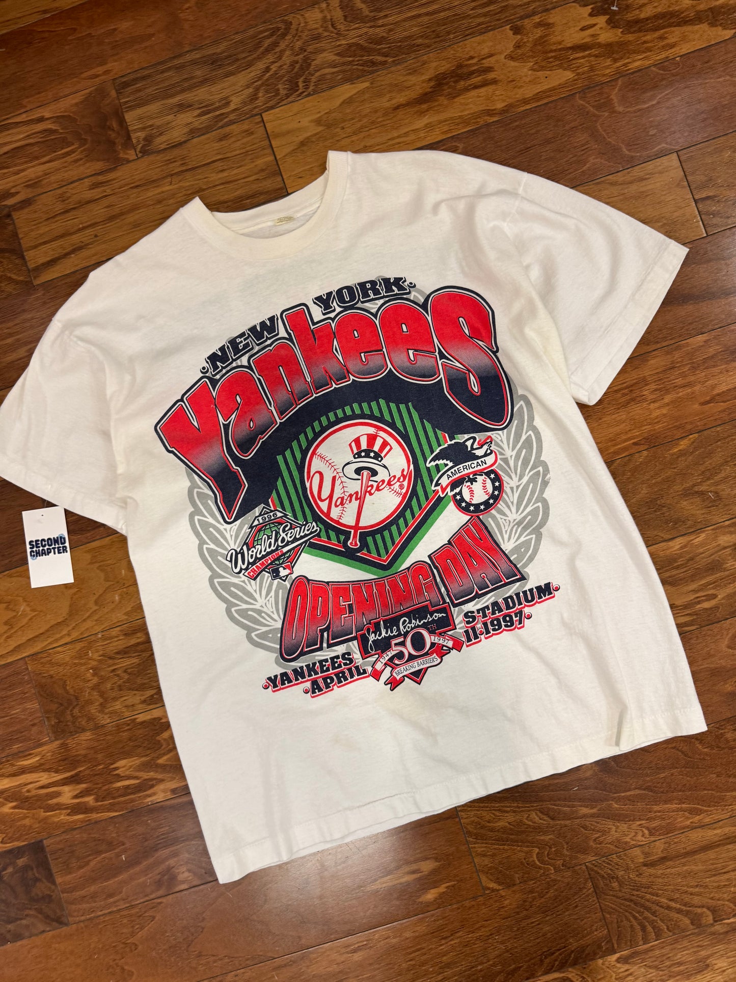 1997 NY Yankees Opening Day Uncle Sam Vintage Jackie Robinson 50th MLB Tee (XL)