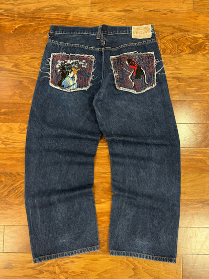 00s Embroidered Baggy Jester Jeans (36 x 28)