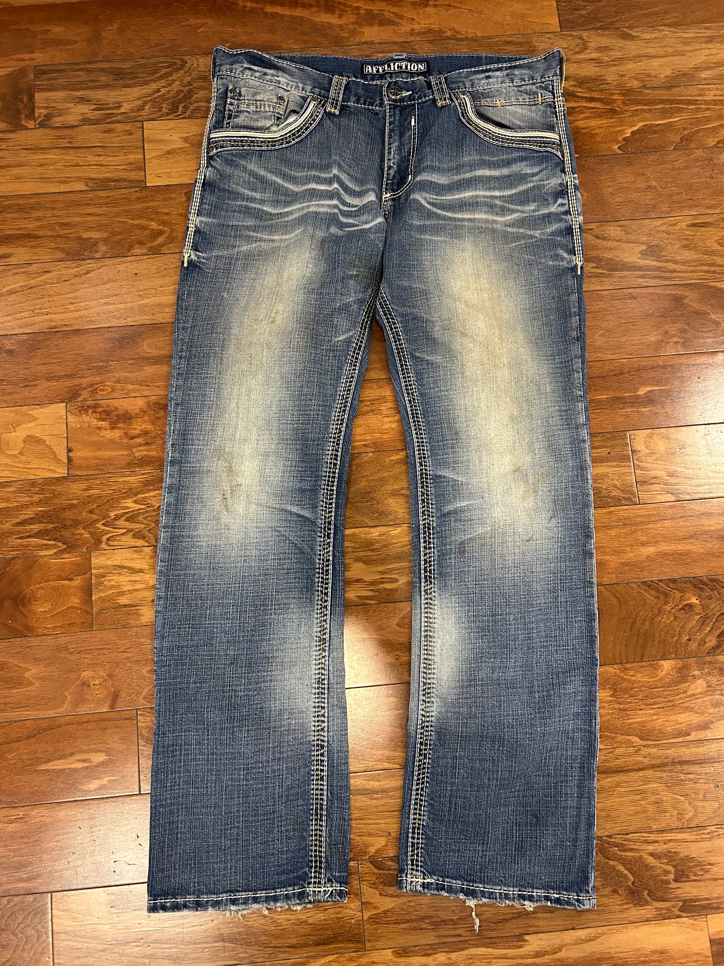 00s Affliction Faded Mid Wash Blake Boot Cut Jeans (38 x 34)