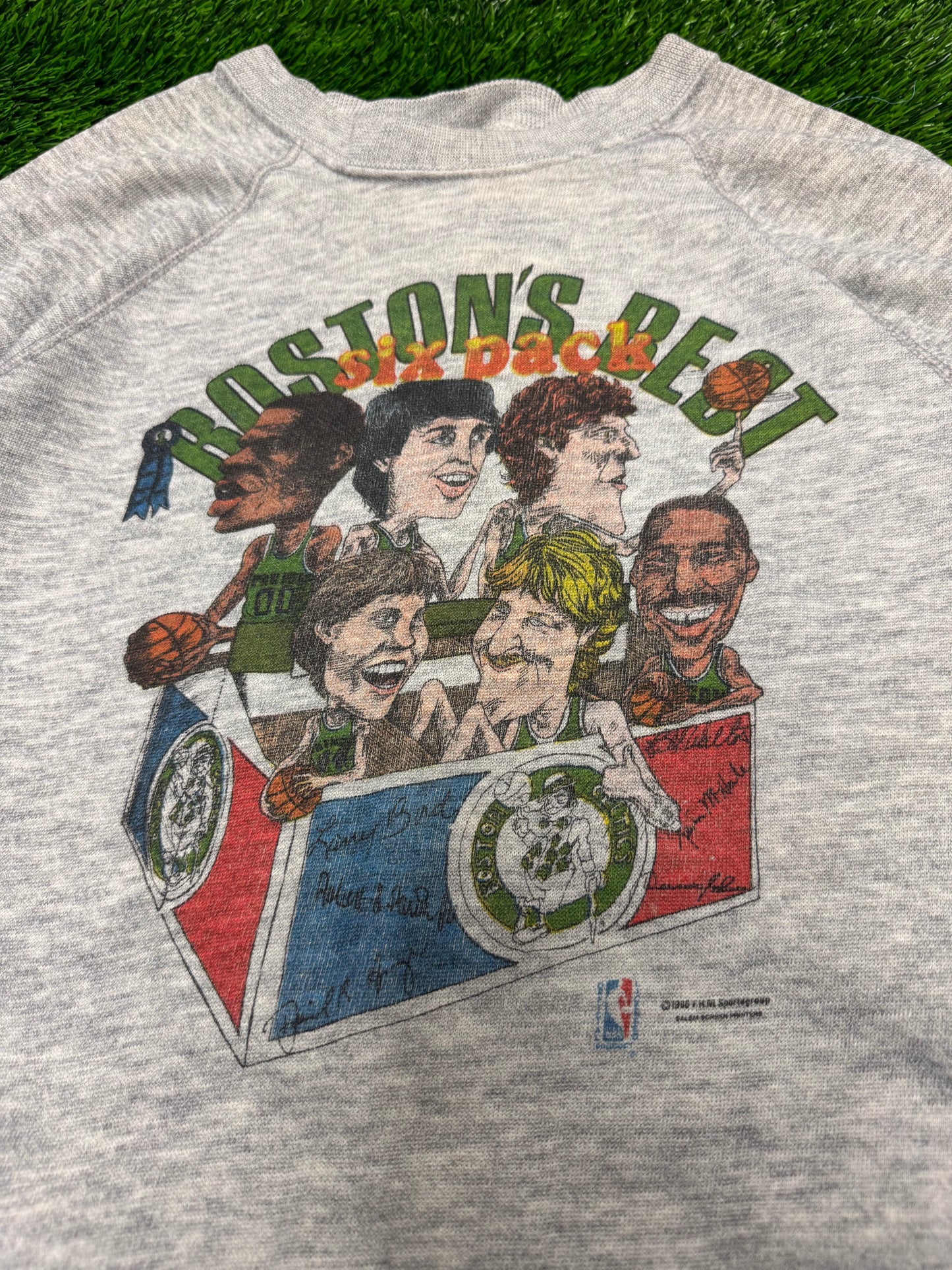 1986 Boston Celtics "Boston's Best Six Pack" Grey Vintage Bassett-Walker NBA Caricature Crewneck (L)