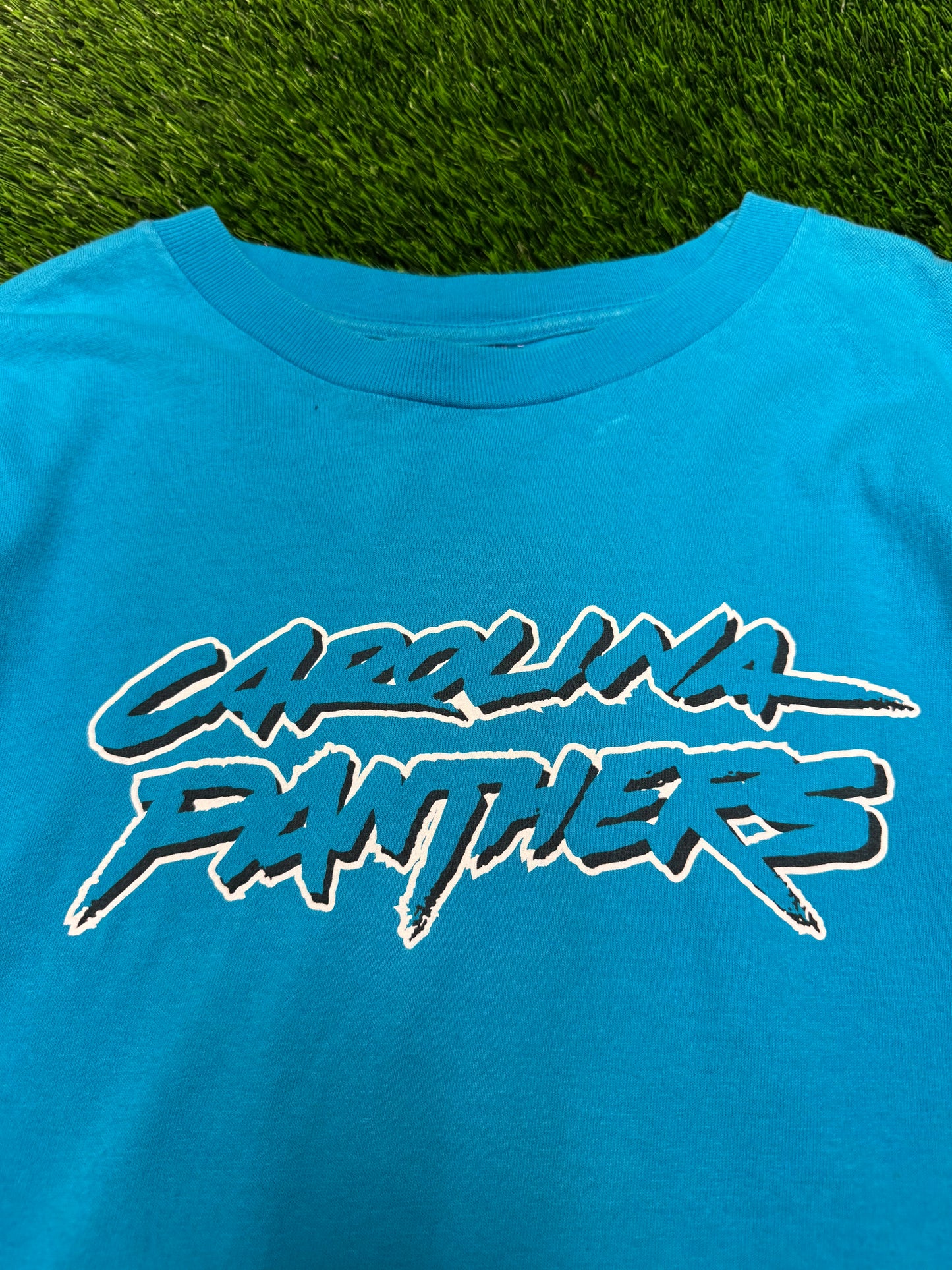 00s Carolina Panthers Blue Spell Out Cat Scratch Tee (XL)