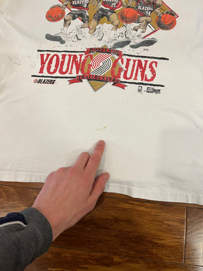 90s Vintage Portland Trail Blazers Caricature Young Guns Thrashed Tee (L)