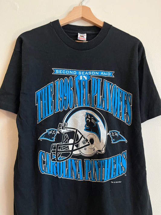 1996 Carolina Panthers Second Season NFL Helmet Black Tee (L)