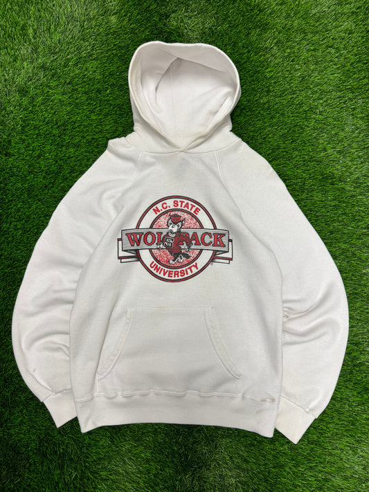 80s NC State University (NCSU) Wolfpack Vintage White Mascot Hoodie (L)