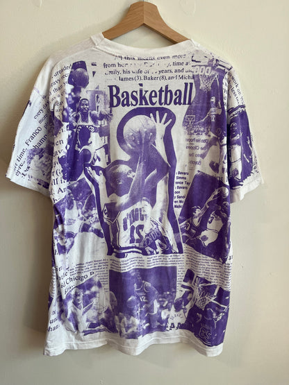 90s Charlotte Hornets Rare Single Stitch AOP Newspaper Tee (XL)